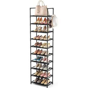 Tall Narrow Shoe Rack 10 Tier Organizer Shelf Holds 25 Pairs Black Storage